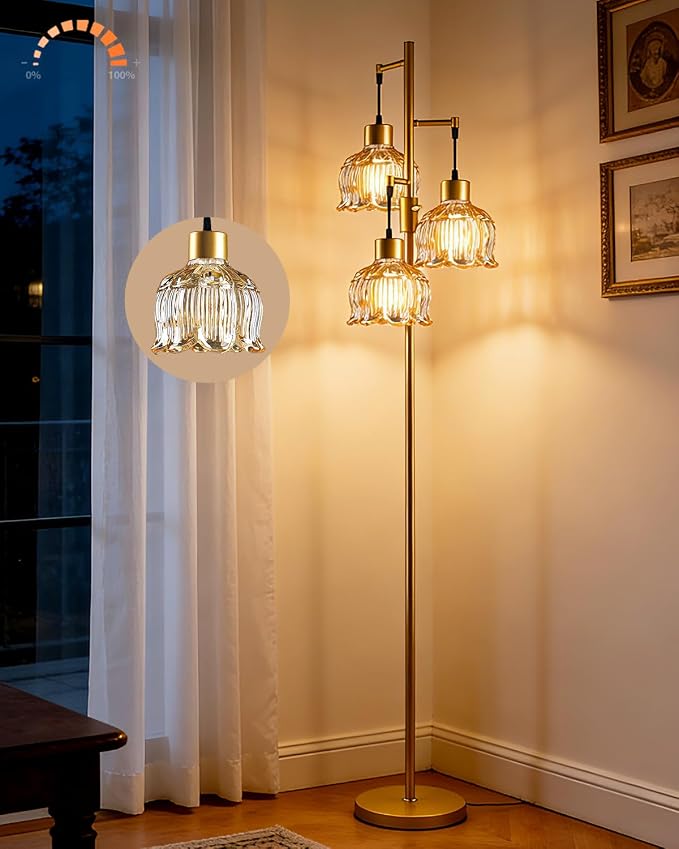 Lightdot 3-Light Lotus Floor Lamp 65'' Dimmable with Brown Glass Shade & E12 Bulbs Included, Mid Century Tall Flower Lamp with 5Lbs Heavy Base for Living Room/Bedroom/Sofa Beside/Corner Decor - Gold