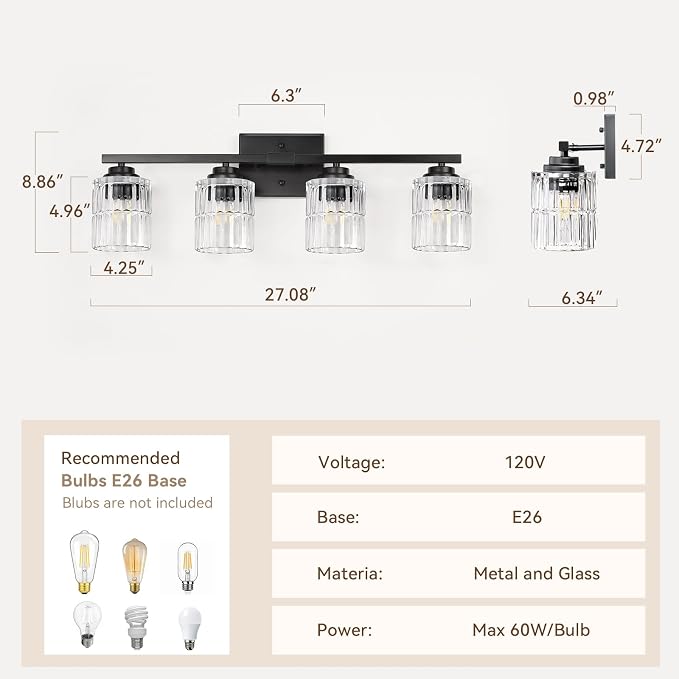 TALOYA Black 4-Light Bathroom Vanity Light with Fluted Cylinder Glass Shade | Modern Vanity Lighting Fixtures, Bathroom Lights Over Mirror, Wall Mount Mirror Light Fixtures for Bathroom Hallway Bedroom