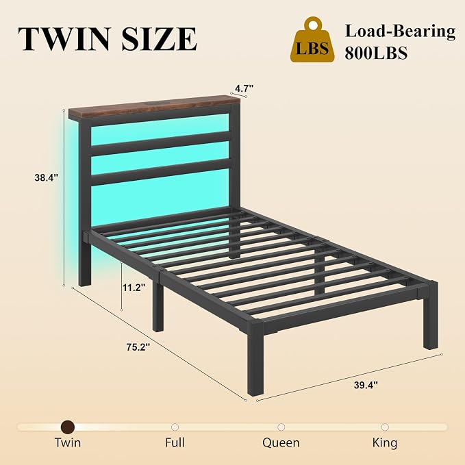 LOEWAY Twin Size Metal Bed Frame with Storage Headboard & LED Lights, Black | Built-In Charging Station, Under-Bed Storage, Heavy Duty Metal Slats, No Box Spring Needed, Solid and Stable, Easy Assembly