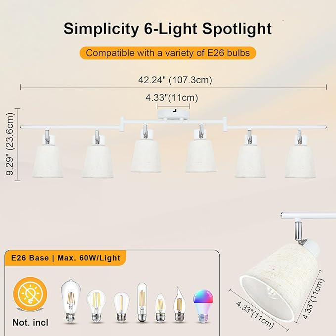 LTBLIGHT 6-Light Track Lighting Fixtures Ceiling, Flexibly Adjustable Spotlight with w/Linen Shade, E26 Lights Directional for Kitchen, Living Room, Commerce(Bulbs Not Included)
