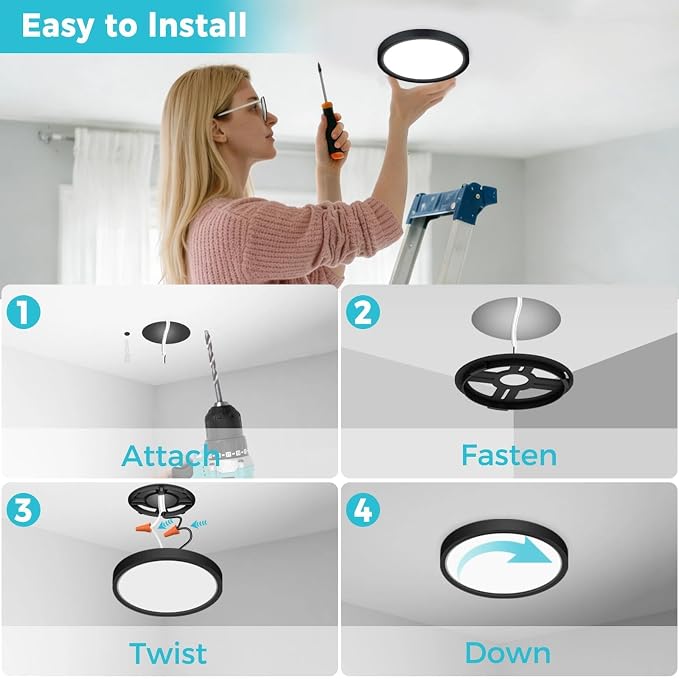 libtit 13inch LED Flush Mount Ceiling Light, Dimmable & 5Color Temperatures (3000K-6500K), 24W Round Slim Black Light Fixture for Bedroom Livingroom Garage Kitchen