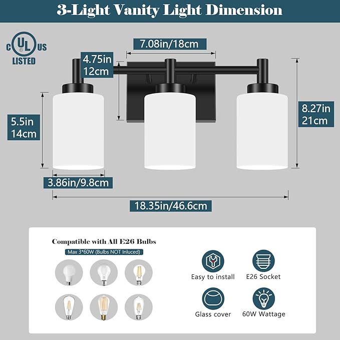 3-Light Bathroom Vanity Light Fixtures Over Mirror, Rustproof Vanity Lights for Bathroom, Modern Black Bathroom Lights Wall Mount with Milky White Glass Shades for Bedroom Living Room