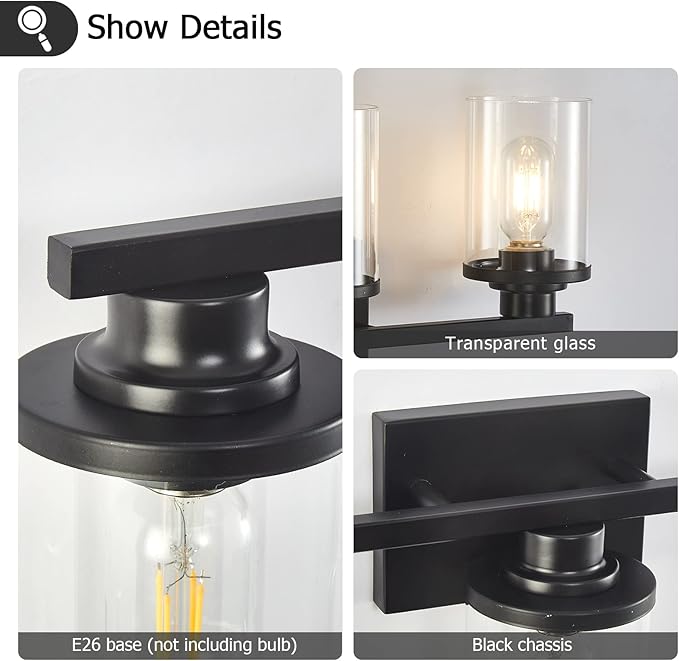 stambord 3 Light Black Bathroom Vanity Light Fixtures with Clear Glass Shade, Modern Wall Sconces Lighting for Bathroom Over Mirror