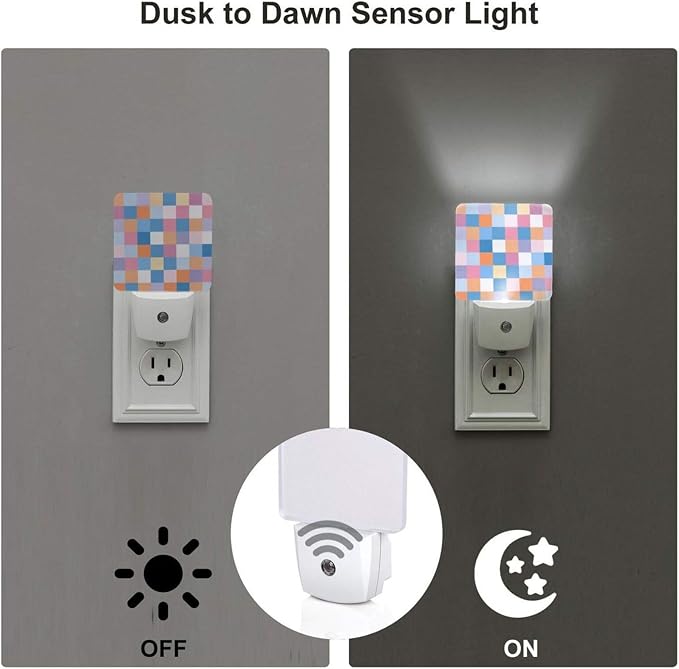 Colorful Checkered LED Plug-in Night Light 2-Pack, Auto Sensor Wood Print Nightlights Set of 2 for Bedroom Bathroom Stairs