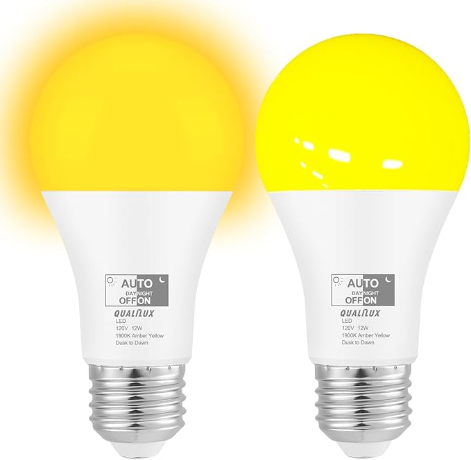 Dusk to Dawn Light Bulbs, Auto On/Off Light Sensing LED Bulbs Outdoor, Amber Yellow Bug Light, A19 2-Pack, 12W 800LM 60W Equivalent, HQ-H019