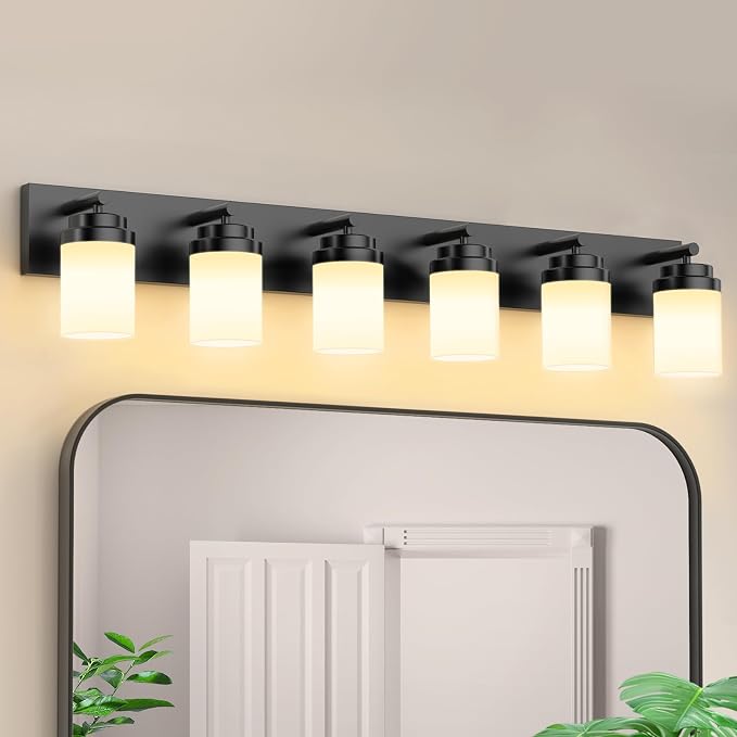 IZORRO Bathroom Vanity Light Fixture, 6-Light 46 Inch Matte Black Bathroom Light Fixtures Over Mirror, with White Glass Shade, Modern Farmhouse Vanity Lights, Rustic Restroom Lighting Fixtures