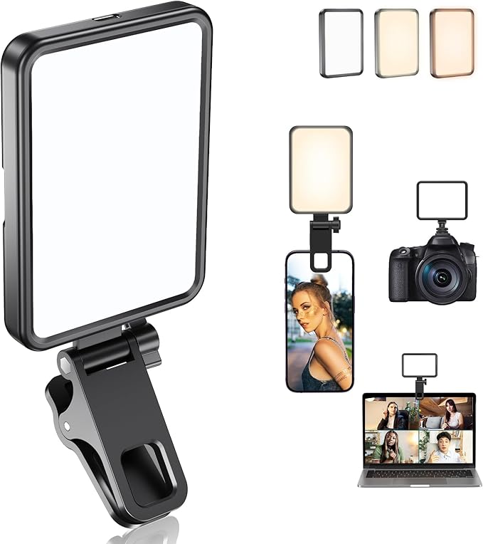 Rechargeable Soft Selfie Light for Phone, Camera, Laptop, 4-14H Battery Portable LED Light for Pictures, Phone Light Clip for Selfie, Vlog, TikTok, Makeup, Video Conference Black