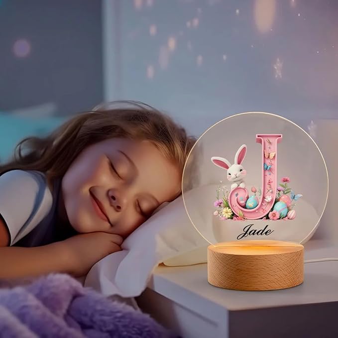 Personalized Pink Bunny Easter Egg 3D Initial LED Night Light with Name & Wooden, Base Room Decor, Birthday Party Easter Gift