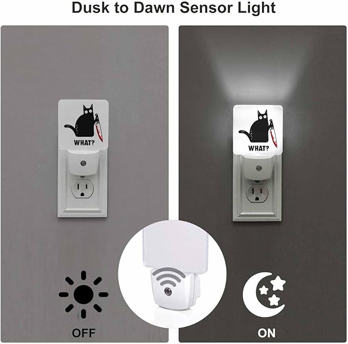 LED Night Light,Black Cat and Knife What LED Night Light Plug into Wall with Dusk to Dawn Light Sensor White Energy Efficient Nightlight for Bedroom Bathroom Hallway Living Room Kitchen