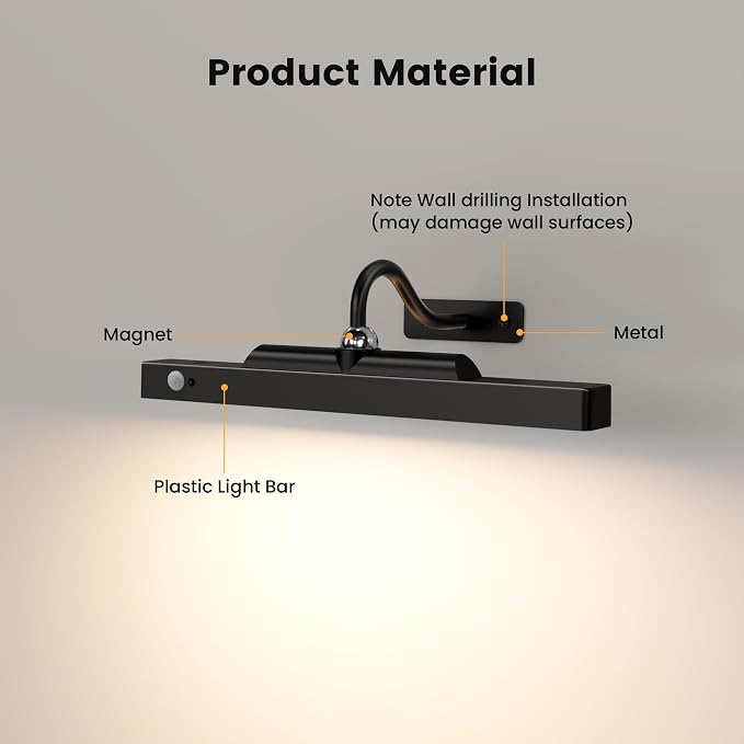 Wireless Picture Light for Wall with Motion Sensor, 12 Inch, Black, 2 Pack | Cordless, Magnetic Detachable Bar, Rechargeable, Remote Control, 3CCT Dimmable, 4400mAh, for Artworks Photos