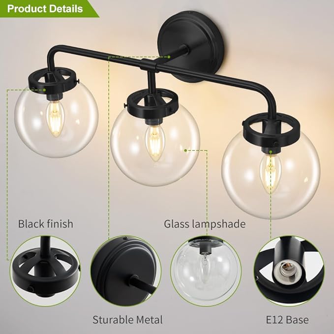 Black Bathroom Vanity Light Fixtures Over Mirror, Modern Matte Black 3 Lights Wall Sconce Lighting with Transparent Glass Ball Shade, Mid Century Farmhouse Vanity Lights