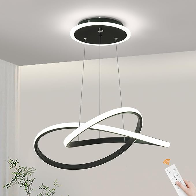 Modern LED Chandelier, 3-Color Dimmable with Remote Control, Adjustable Height Pendant Light Fixture with Base LED Light Strip, Modern Hanging Light for Dining Room Kitchen Island Living Room