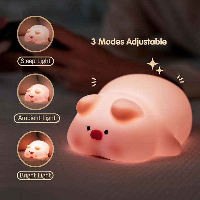 VTIGER Pink Pig Night Light, LED Squishy Cute Lamp,Night Light for Kids,Silicone Pig Light, Dimmable Girls Baby Bedroom Nightlight, Rechargeable Piggy Touch Lamp for Breastfeeding Nursery Decor