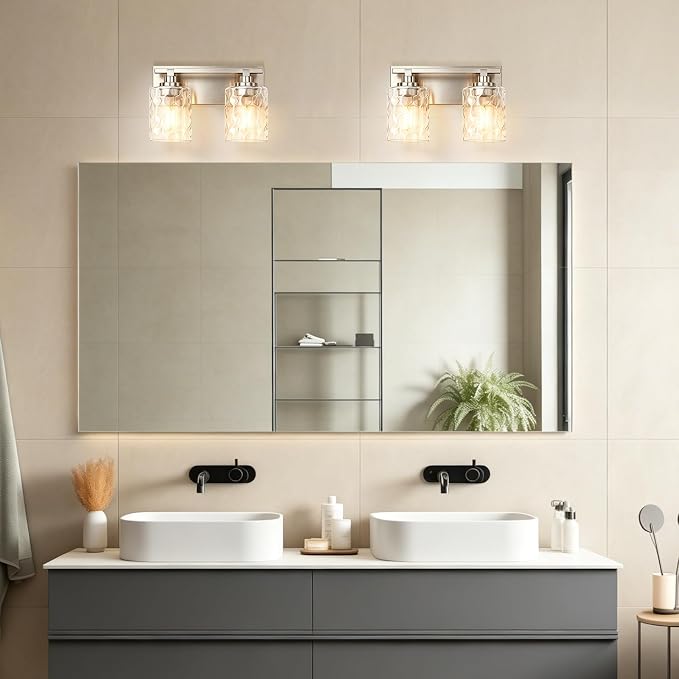 Modern Bathroom Lighting Fixtures Over Mirror, Vanity Lights for Bathroom, Wall Sconces with Clear Glass Shades, E26 Ceramic Socket, 2-Light 14-inch Brushed Nickel
