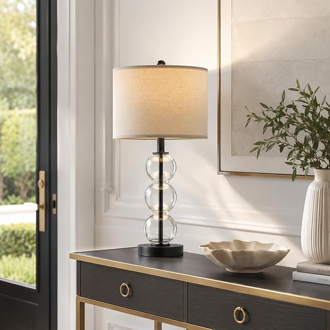 25" Glass Table Lamps Set of 2, Black Modern Table Lamps with USB Ports for Living Room, Linen Shade Bedside Lamps for Bedroom, Nightstand, Side Table (Bulbs not Included)