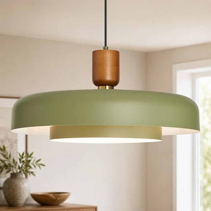 Mid Century Green Pendant Light: 20" 2-Tiered Lighting Over Kitchen Island | Wood Brushed Brass Hanging Ceiling Light, Modern Nordic Metal Pendant Light, For Dining Room Sink Bedroom Hallway Entryway