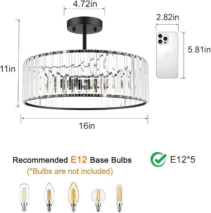 Modern Crystal Ceiling Light Fixture, Semi Flush Mount Ceiling Light, Matte Black Hallway Lighting Fixtures Chandelier, Crystal Chandelier for Kitchen Bedroom Dining Room Closet, 5-Light, 16 Inch