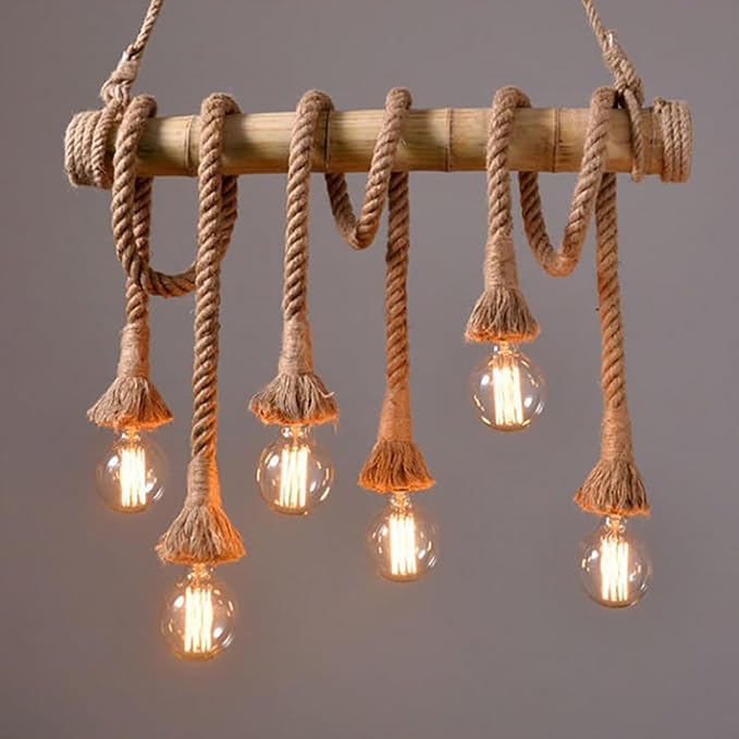 Arturesthome 6 Heads Hemp Rope Pendant Light, Vintage Bamboo Chandeliers Fixture Kitchen Island, Rustic Industrial Hanging Lamp for Bedroom Restaurant Cafe Bar Country Style Decoration