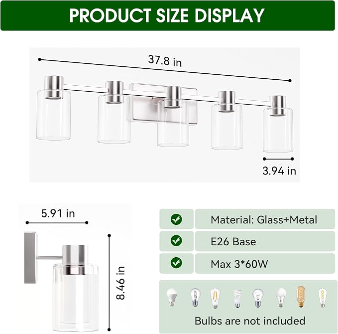 5-Light Modern Vanity Light Fixtures Over Mirror, Brushed Nickel Bathroom Light Fixtures, Vanity Lights, Wall Sconce with Clear Glass Shade for Bathroom, E26 Base