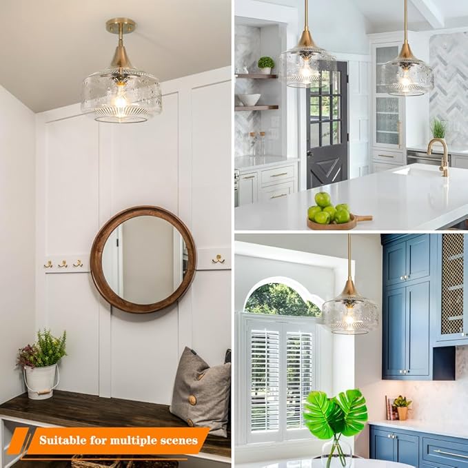 9'' Vintage Gold Pendant Light with Clear Glass, Adjustable Pendant Lighting for Kitchen Island Brushed Pendant Lights Convertible Ceiling Mount Or Hanging Fixture for Hallway Bathroom,Brown Bronze