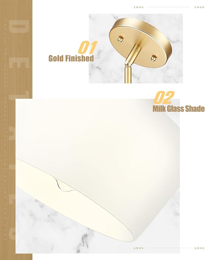 Emak 1-Light Painted Gold Pendant Light with Milk Glass Shade, PL122-GD-ML | 8-inch Milk Glass Shade for Soft Light; Vintage Bell-Shaped, 42-inch Adjustable Rods. For Kitchen & Dining rooms. UL Listed.