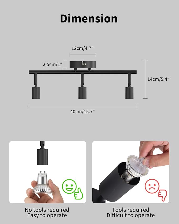 LVWIT 3-Light Track Lighting Fixtures Ceiling with Flexibly Rotatable Head, Modern Black Track Lighting Kit, Ceiling Spotlights for Kitchen, Living Room, Bedroom (GU10 Socket, Bulbs Not Included)
