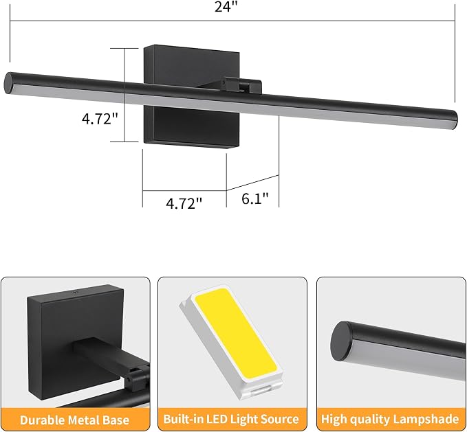 LED Bathroom Vanity Light, Modern Bathroom Light Fixture Over Mirror (Cool White 6000K), Vanity Light Bar with Angle Adjustable, 24 Inch, Black