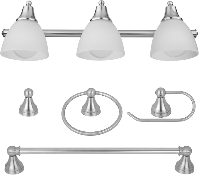 Globe Electric 50700 3-Light Vanity All-in-One Bathroom Set, 5 Piece Brushed Steel Finish, 70, Bulb Not Included