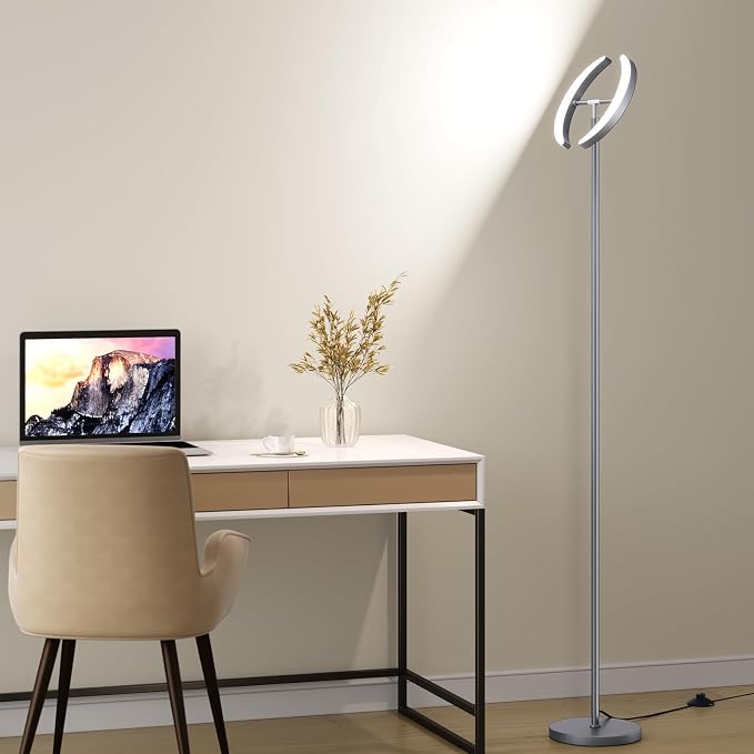 SUNMORY Floor Lamp for Living Room, 28W Bright LED Lamp with Remote Control | 1600lm Dimmable Rotatable Standing Light, 74" Tall Modern Reading Torchiere Uplighter for Bedroom Office Corner, Gray