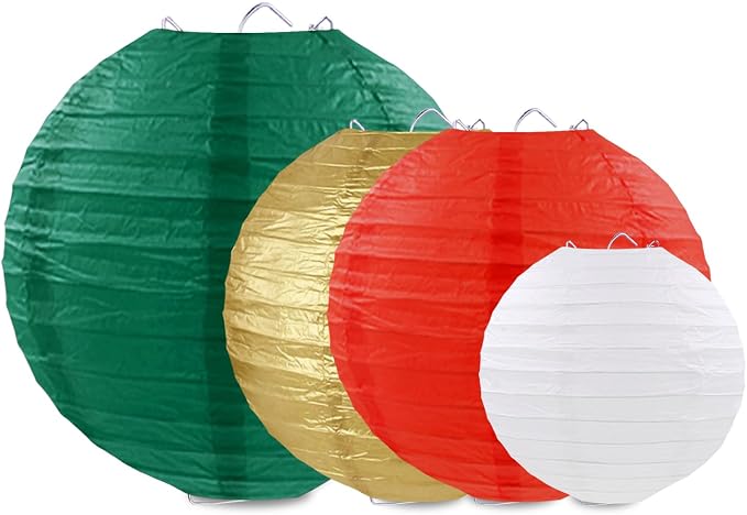 Christmas Paper Lanterns Red Green White Gold Hanging Paper Lanterns for Birthday Wedding Festival Christmas Party Decorations (12 PCS)