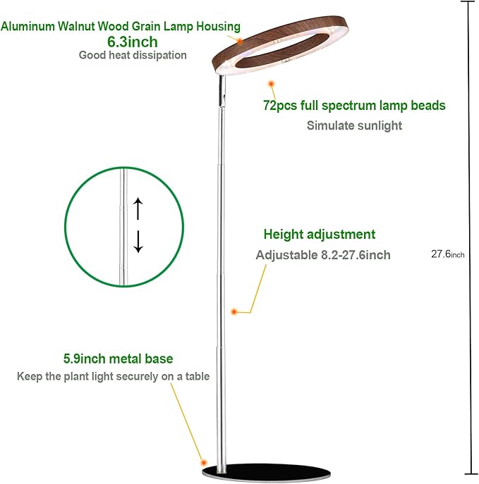 Yadoker 72 LEDs Plant Grow Light for Indoor Plant,Aluminum Walnut Wood Grain Desk LED Grow Light, Height Adjustable,6.3" Aluminum Housing,Automatic Timer with 8/12/16 Hours,10-Level Brightnes