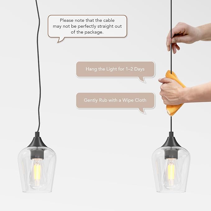 VONLUCE Black Pendant Light for Kitchen Island, Set of 2 | E26 Base, Adjustable Hanging Cable, Clear Glass Shade, Modern Design for Living Room Bedroom Hallway