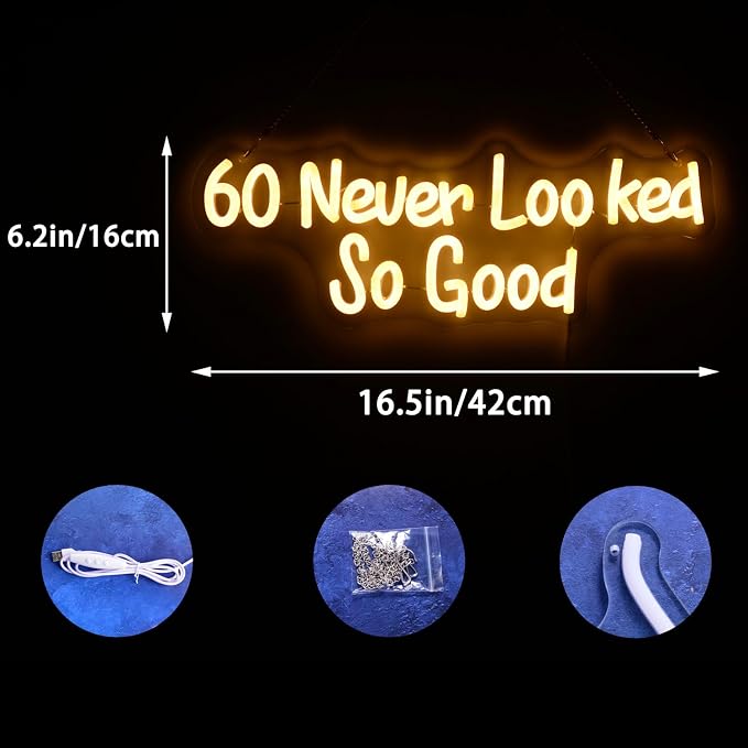 60 Never Looked So Good Neon Sign 60th Birthday and Anniversary Decorations | Men and Women Sixty Years Old Glowing Lamp for Birthday Party Bedroom Home Office Wall Decor