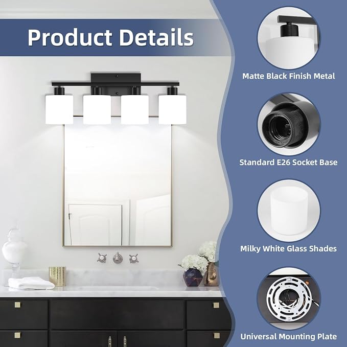 SILAMPDI 4-Light Bathroom Vanity Light Fixtures Over Mirror Matte Black | Modern Milky White Frosted Glass Shades, Anti-Rust Finished, Wall Sconce for Bedroom Restroom, E26 Socket, Easy Installation