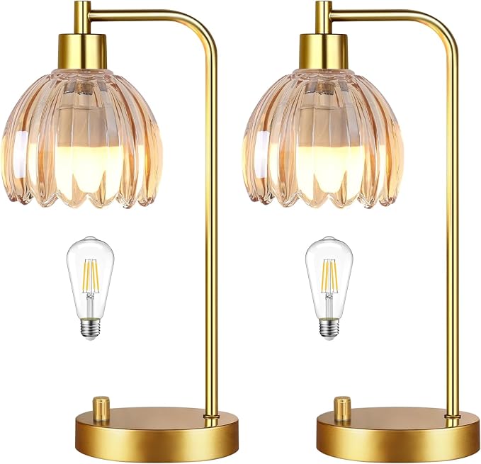 ILLMTW Glass Table Lamp Set of 2,Small Gold Bedside Lamps Dimmable Boho Bedroom Lamp with Tulip Flower Amber Lamp Shade,Vintage Mid Century Modern Mini Nightstand Lamp for Bedroom Living Room