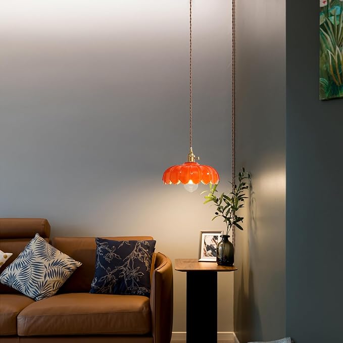 XZHGCEE Plug in Pendant Light: Hanging Light Plug in Orange Glass Hanging Lamp, Pendant Lighting for Kitchen Island, Bedroom, Dining Room, Living Room, E26 No Bulb