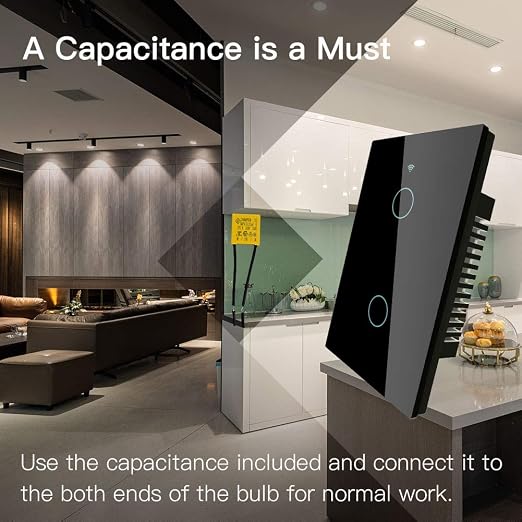 MoesGo WiFi RF433 Smart Touch Light Switch, No Neutral Wire, Black 2 Gang | Single live wire design, 2.4GHz WiFi only, minimum load 5W, Smart Life Tuya app remote, works with Alexa and Google Home