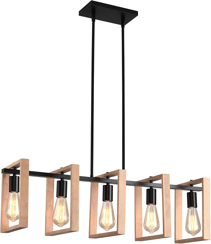 Kitchen Island Lighting Hanging for Farmhouse Linear Chandeliers,Modern Chandelier Over Table, Matte Black Rustic Wood Ceiling Pendant Light,Dining Room Hanging Light Rustic Wood