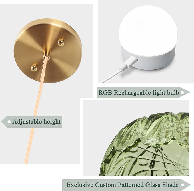 Battery Operated Pendant Light,Vintage Light Fixtures RGB Light Bulb 2500mAh 9.4in Green Modern Chandelier with Remote Control Wireless Adjustable Rechargeable Chandelier for Kitchen Island 1Light