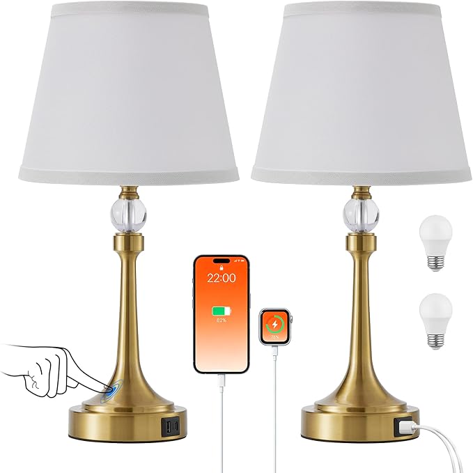 Touch Table Lamp Set of 2 with USB C+A Ports-Gold 19.7'' | 3 Way Dimmable Table Lamps for Living Room, Metal Small Lamp for Bedroom, Office, End Table, Home Decor, Bulbs Included
