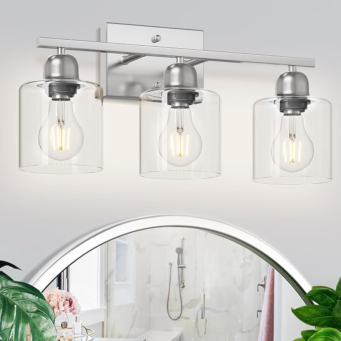 Modern Brushed Nickel 3 Light Bathroom Light Fixtures,19 inch Vanity Lights For Bathroom With Clear Glass, Bathroom Lighting Fixtures Over Mirror For Mirror Kitchen Living Room Hallway Cabinet Porch