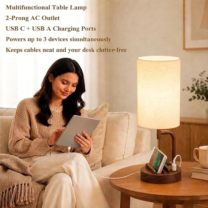 Dreamholder Touch Control USB Table Lamp with USB C/A & AC Outlet, 3-Way Dimmable Bedside Lamp, Modern Nightstand Lamps for Bedroom Living Room Guest Room Office, Bulb Included, Walnut