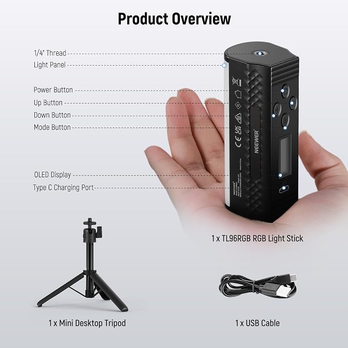 NEEWER Basic Magnetic Handheld Light Wand with Desk Tripod, 360° Full RGB Mini LED Video Tube Light Stick, 2500mAh Battery 2500-8500K Dimmable Lighting for Studio Camera Photography Recording, TL96RGB