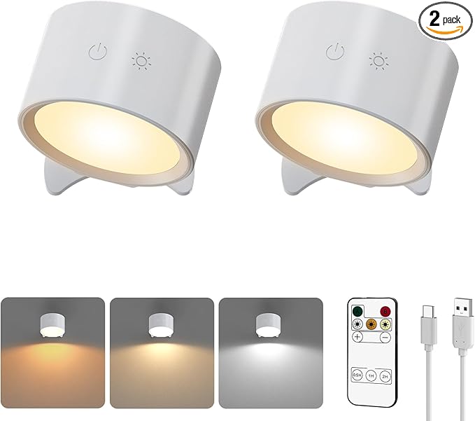 Smiling Shark Wall Light F9, Rechargeable Wall Mounted Lamp LED 3 Color & 4 Brightness Stepless Dimming 360° Rotate Magnetic Ball Cordless Wall Sconce Lamp for Bedroom Reading Bedside (2, White)