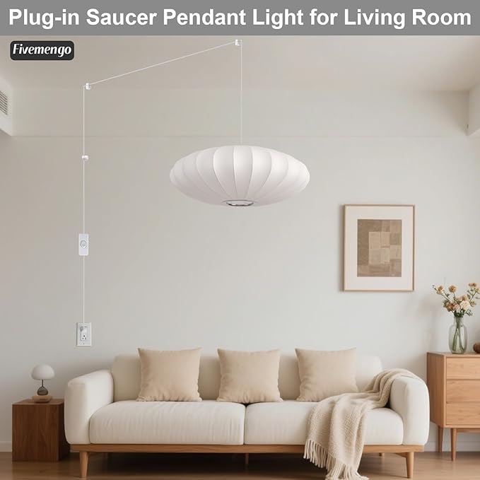 19.7in Plug in Lantern Pendant Light, White Imitation Silk Pendant Light Wabi Sabi Saucer Japanese Bubble Hanging Lamp Chandelier for Living Dinning Room Kitchen Island Bedroom 1 Pack