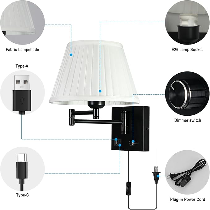 Wall Lamps for Living Room Bedroom Reading Light, Bulb Included | Wall Sconce with USB C+A Charging Ports, Adjustable Swing Arm 270°, Adjustable Color Temperature, White Fabric Cone lampshade