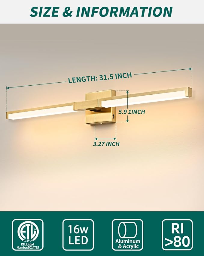 32 Inch Bathroom Vanity Light Fixtures, Gold Modern Light Fixtures Over Mirror, 16W 5CCT Dimmable Wall Light