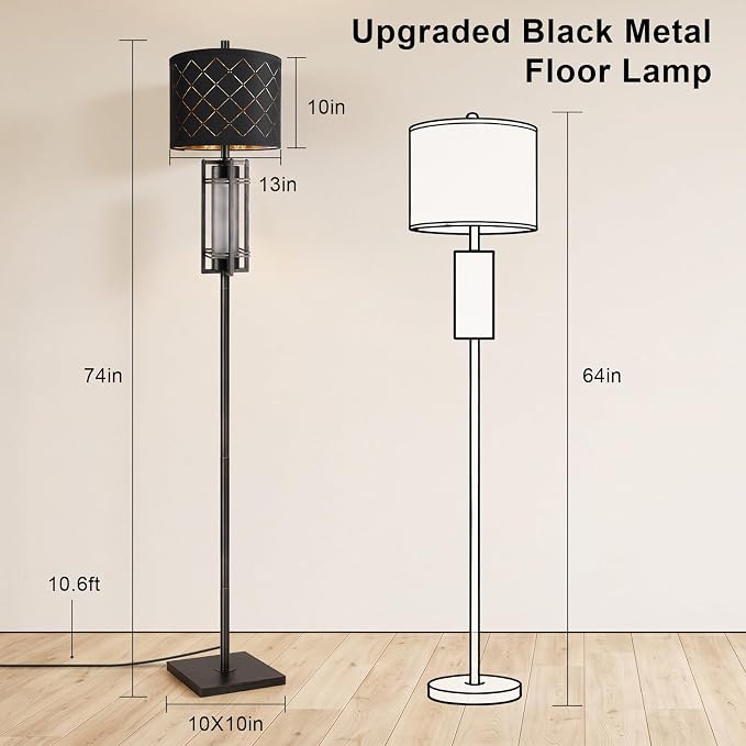 74'' Floor Lamp with Nightlamp, Modern Black Tall Standing Lamp, Metal Base | Gold-Brushed Black Lamp Body, Rotary Switch,Upgraded Model Height,Black Grid Lampshade,Heavy-duty Base,Floor Lamp for Bedroom