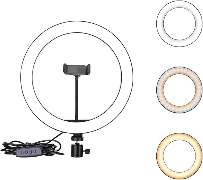 Ring Light OEBLD Dimmable with 3 Light Modes & 10 Brightness Level LED Ring Fill Lights for Phone Live Stream Makeup YouTube Shooting (C(10''Ring Light with Clip))