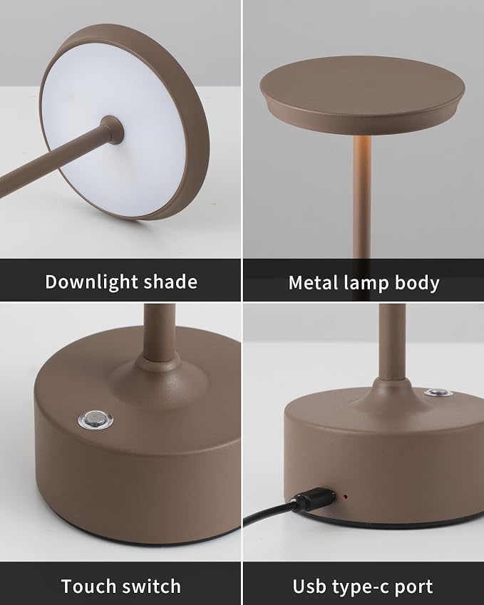 PUSU Rechargeable Table Lamps Set of 2, Brown Cordless Portable Desk Lamp | 4000mAh Battery, Stepless Dimming & 3 Color 2700K-6000K, LED Lamp for Bedroom, Living Room, Restaurant, Outdoor, Night Light